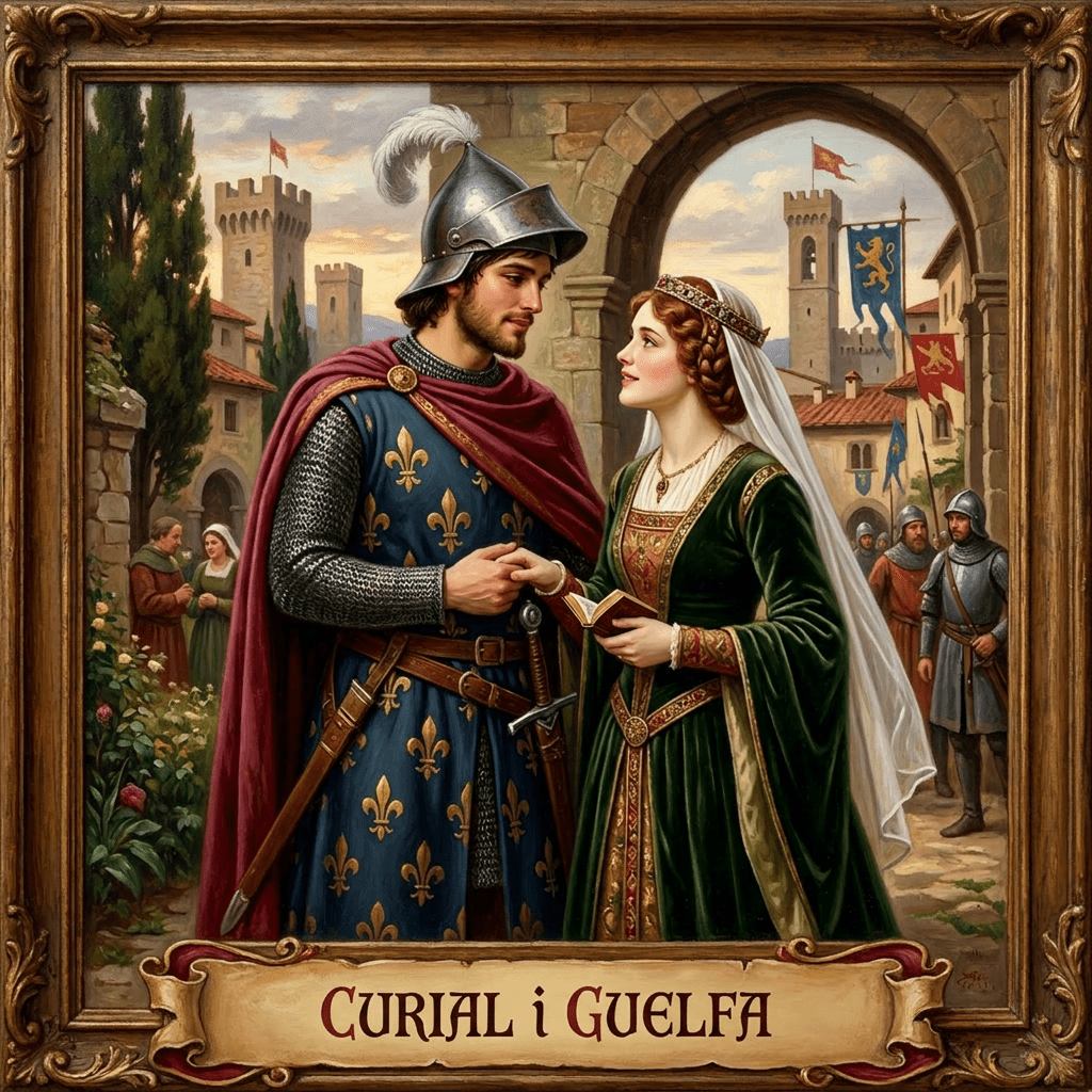Medieval knight in armor holding hands with a lady in green dress under a stone archway