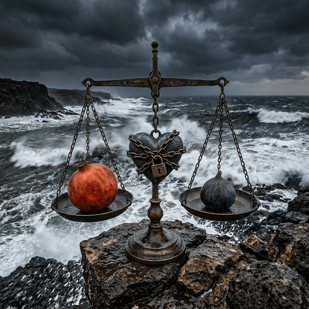 Pomegranate and fig on rocky shore with stormy ocean waves and dark clouds